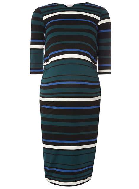 **Maternity Green Stripe Ruched Dress